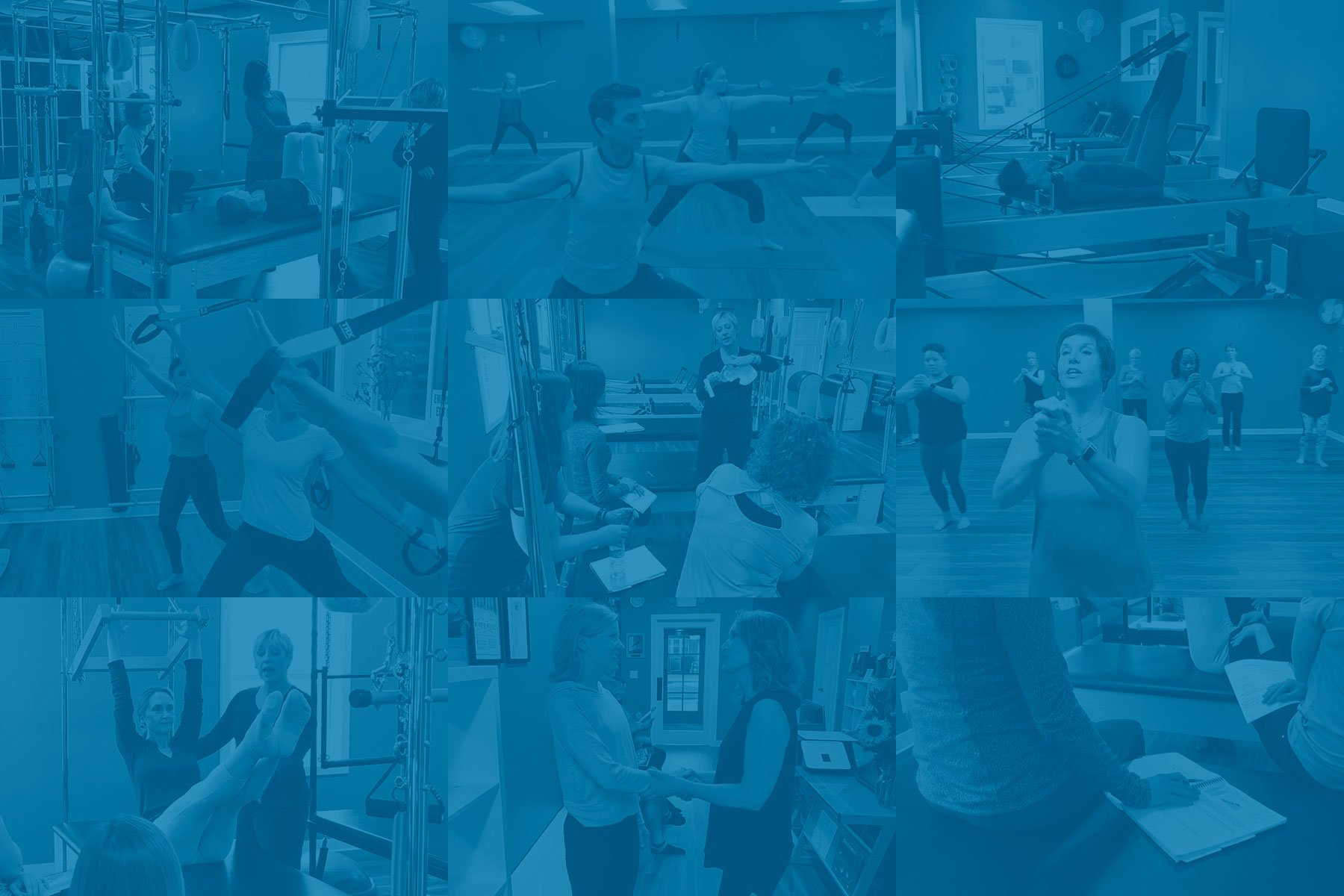 Montage of pilates scenes in studio - low contrast blue color tinted background